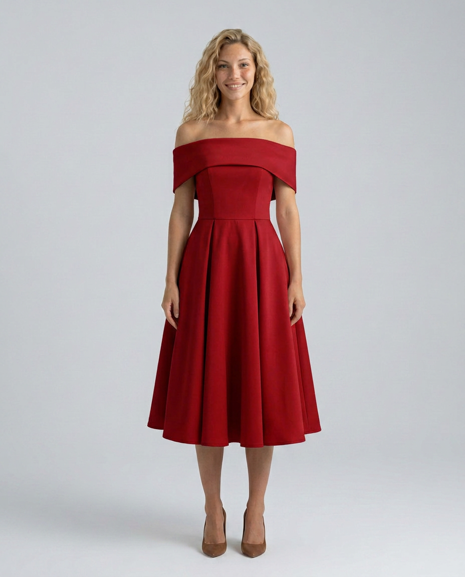 Amy | Off-Shoulder Midi Dress with Pleated Skirt