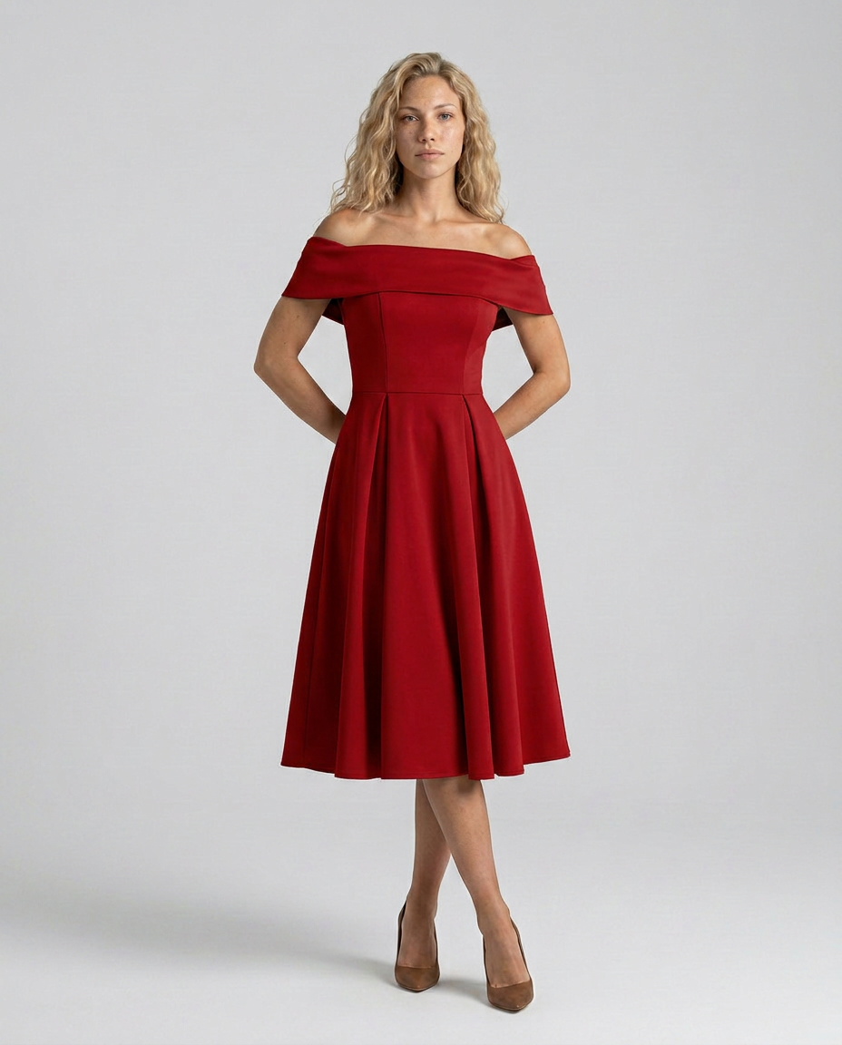 Amy | Off-Shoulder Midi Dress with Pleated Skirt