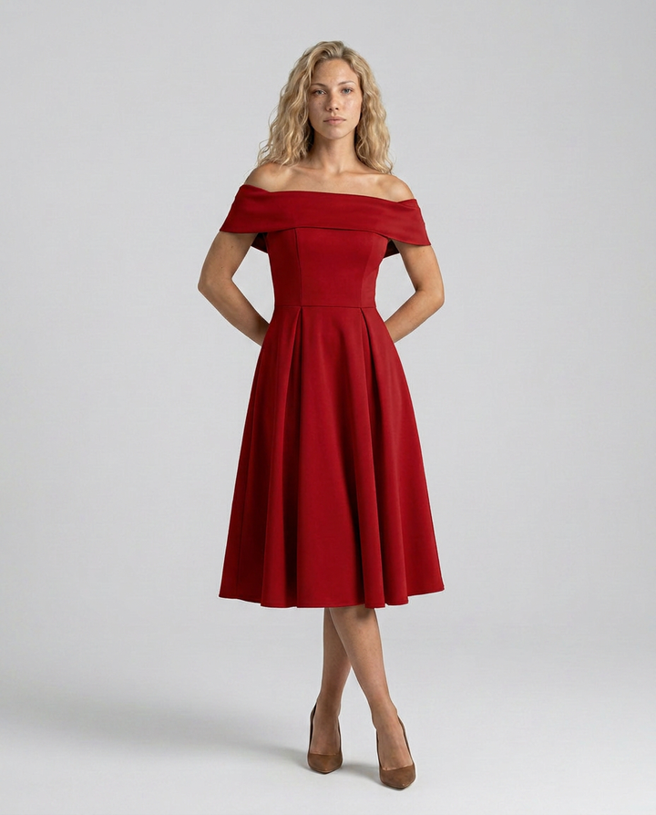 Amy | Off-Shoulder Midi Dress with Pleated Skirt