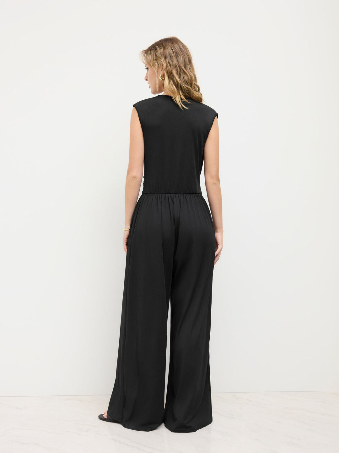 Eleanor | V-neck Ruched Solid Wide Leg Jumpsuit