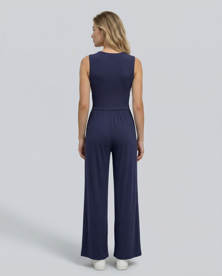 Eleanor | V-neck Ruched Solid Wide Leg Jumpsuit