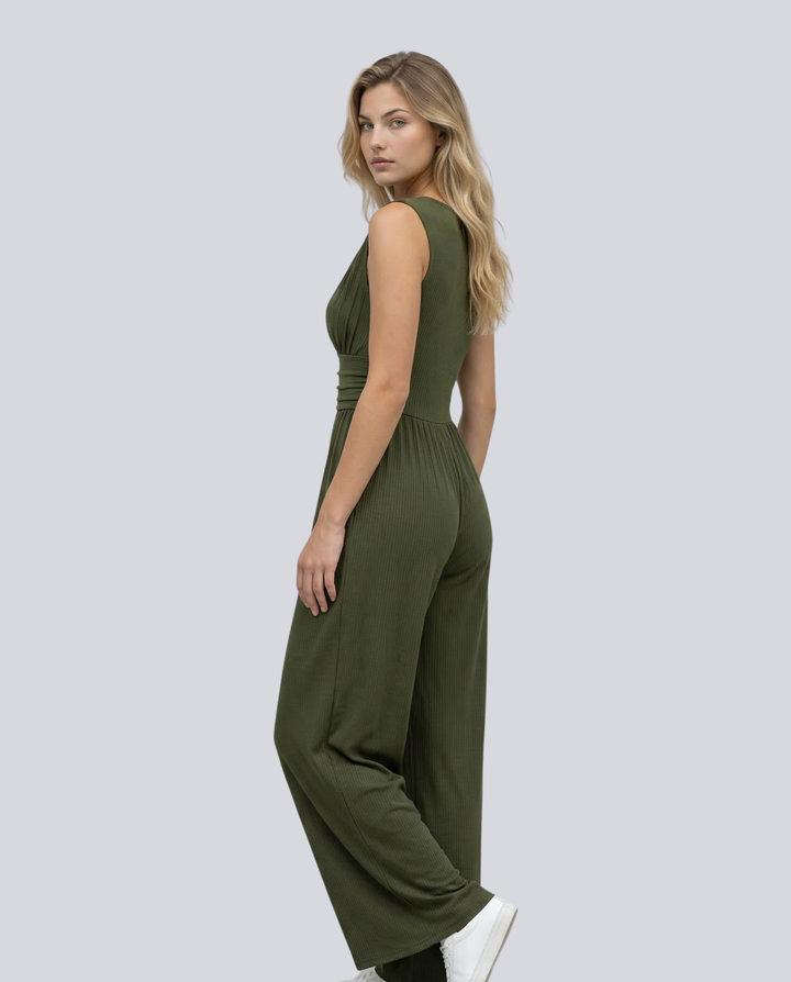 Eleanor | V-neck Ruched Solid Wide Leg Jumpsuit