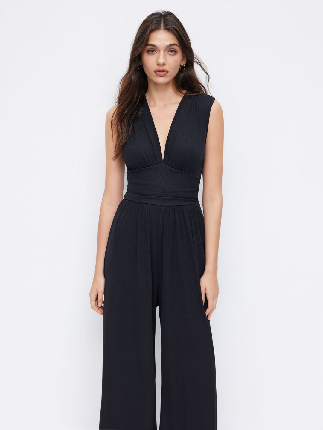 Eleanor | V-neck Ruched Solid Wide Leg Jumpsuit