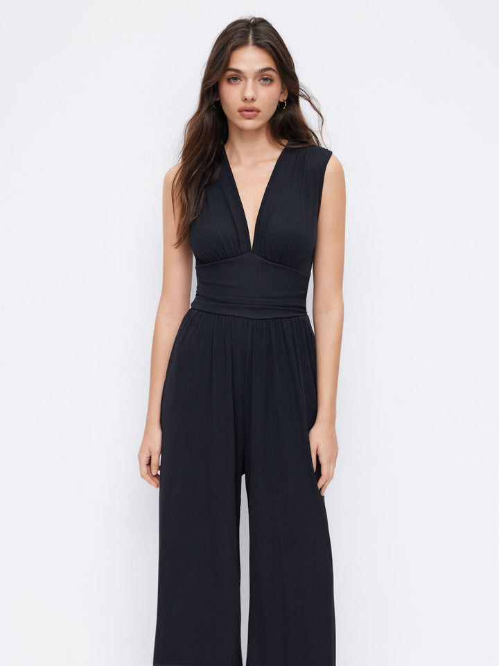 Eleanor | V-neck Ruched Solid Wide Leg Jumpsuit