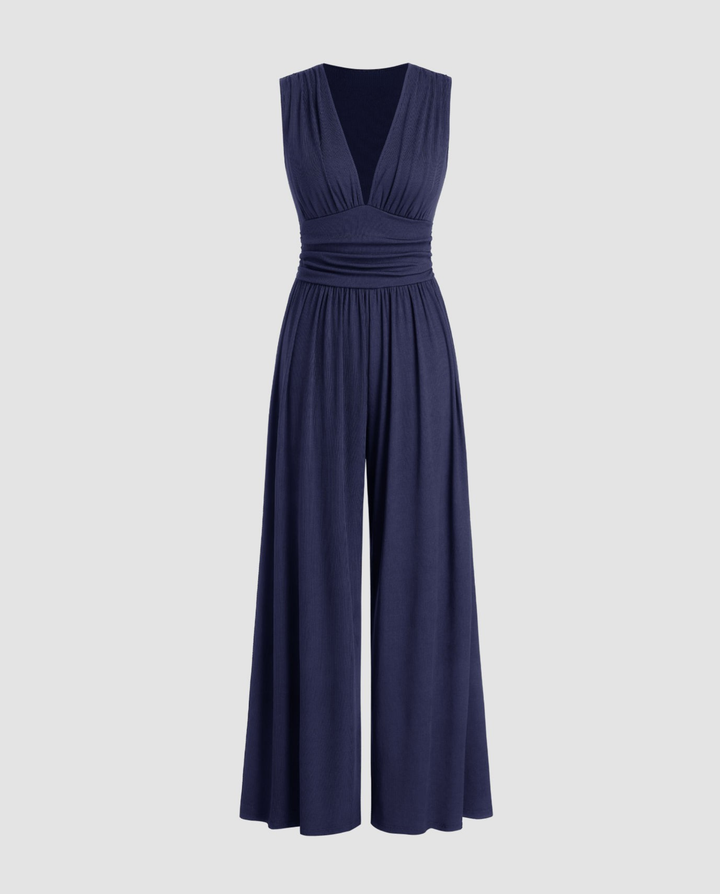 Eleanor | V-neck Ruched Solid Wide Leg Jumpsuit
