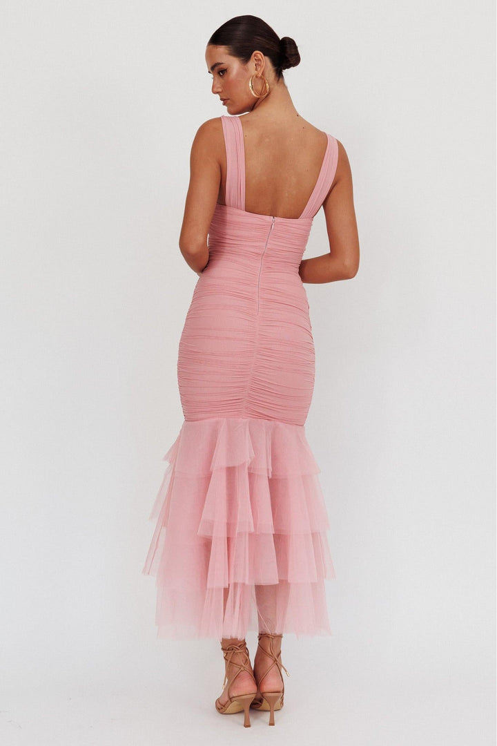 Cléone | Ruched Splicing Ruffle Midi Dress