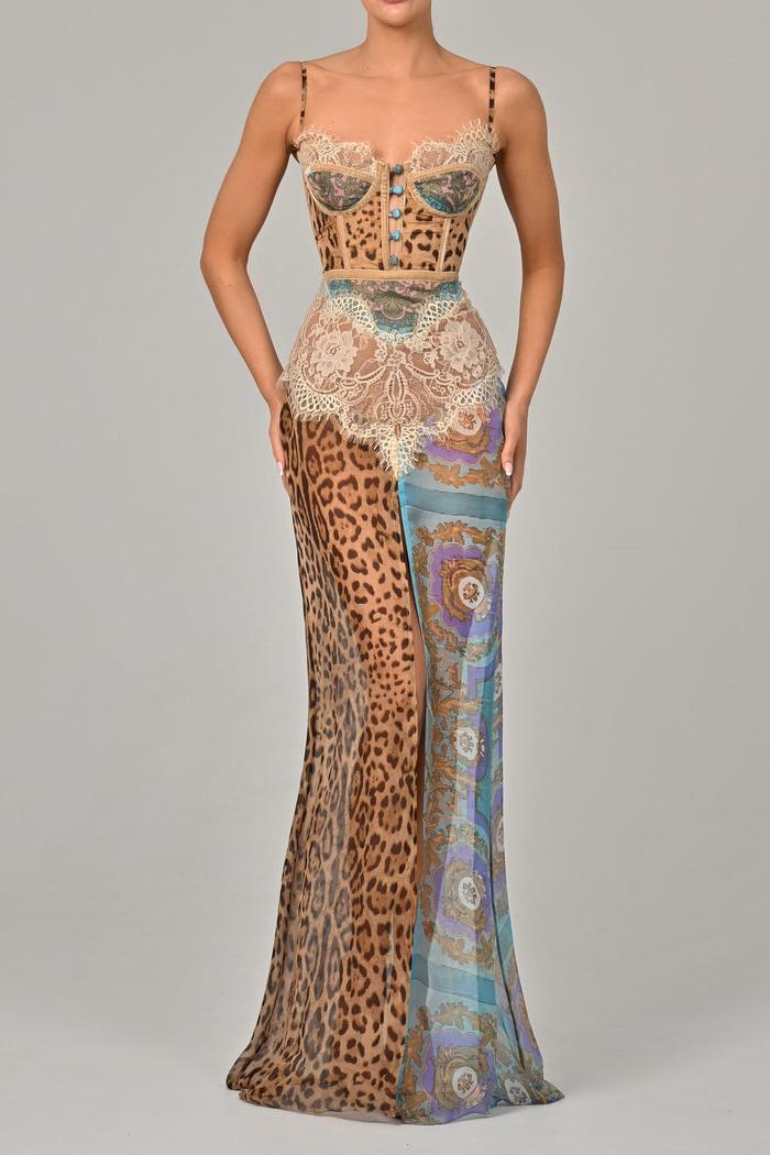 Reva | Lace Trim Leopard Print Side Slit Maxi Dress