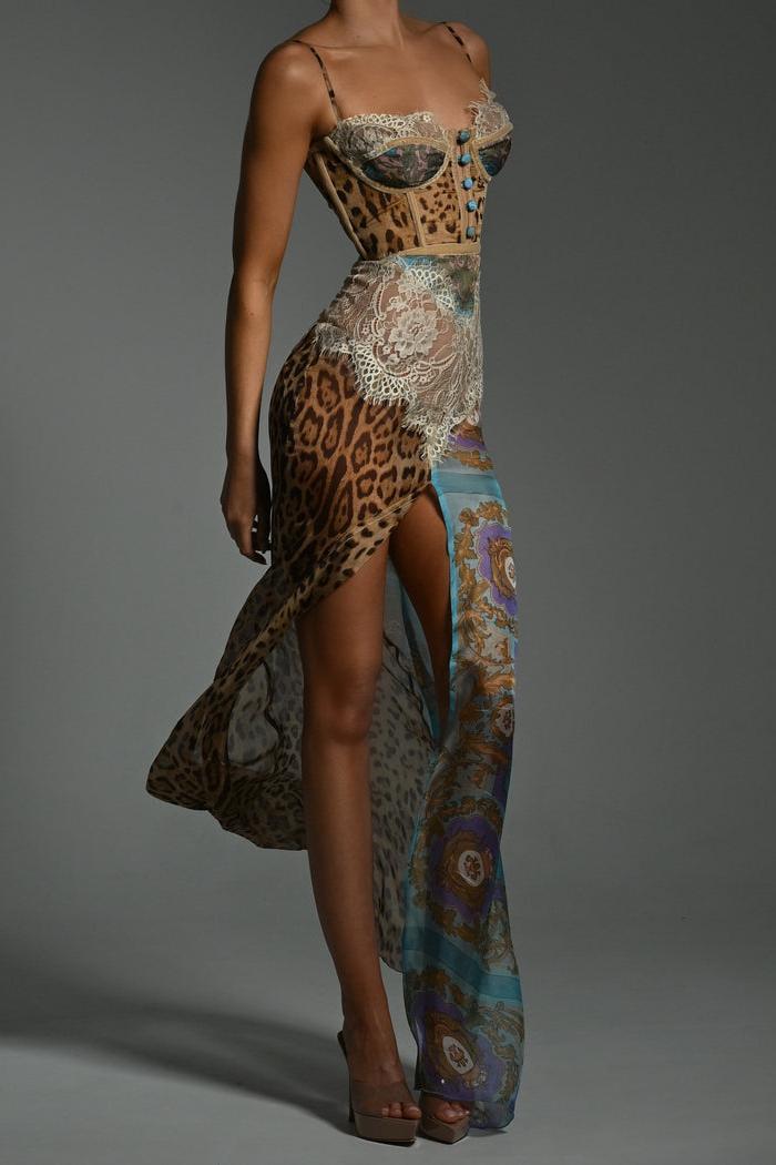 Soraya | Lace-Trim Leopard Print Side Slit Maxi Dress