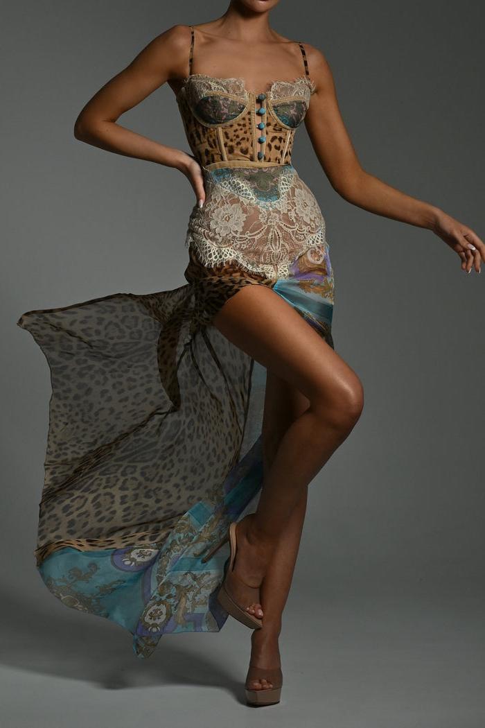Soraya | Lace-Trim Leopard Print Side Slit Maxi Dress