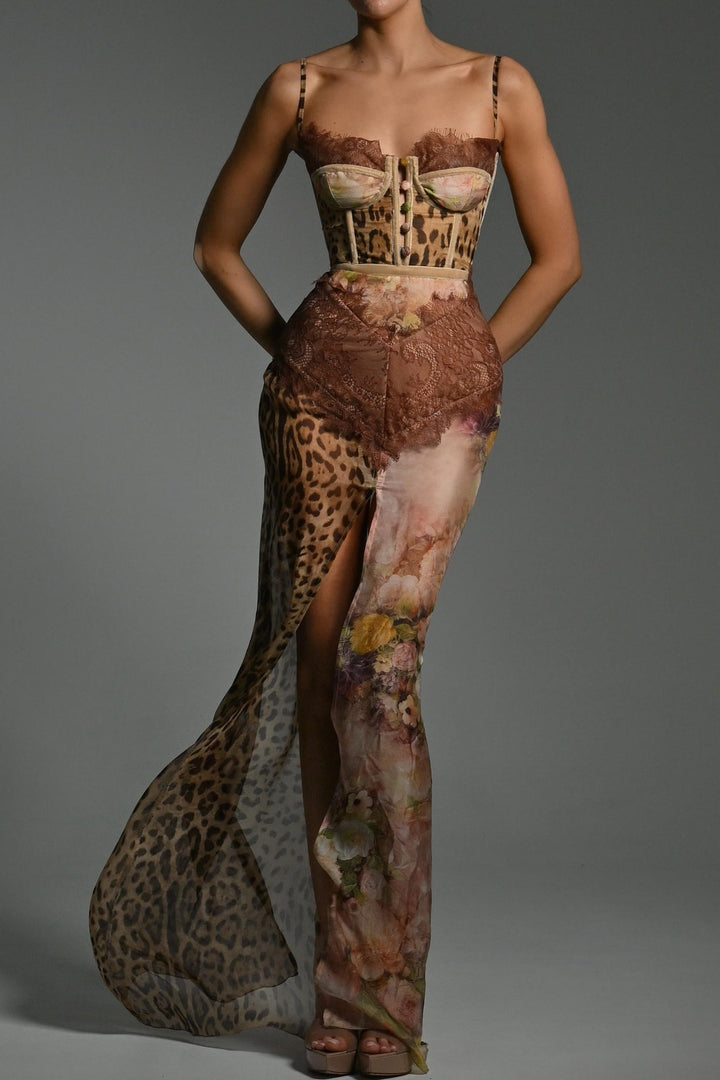 Soraya | Lace-Trim Leopard Print Side Slit Maxi Dress