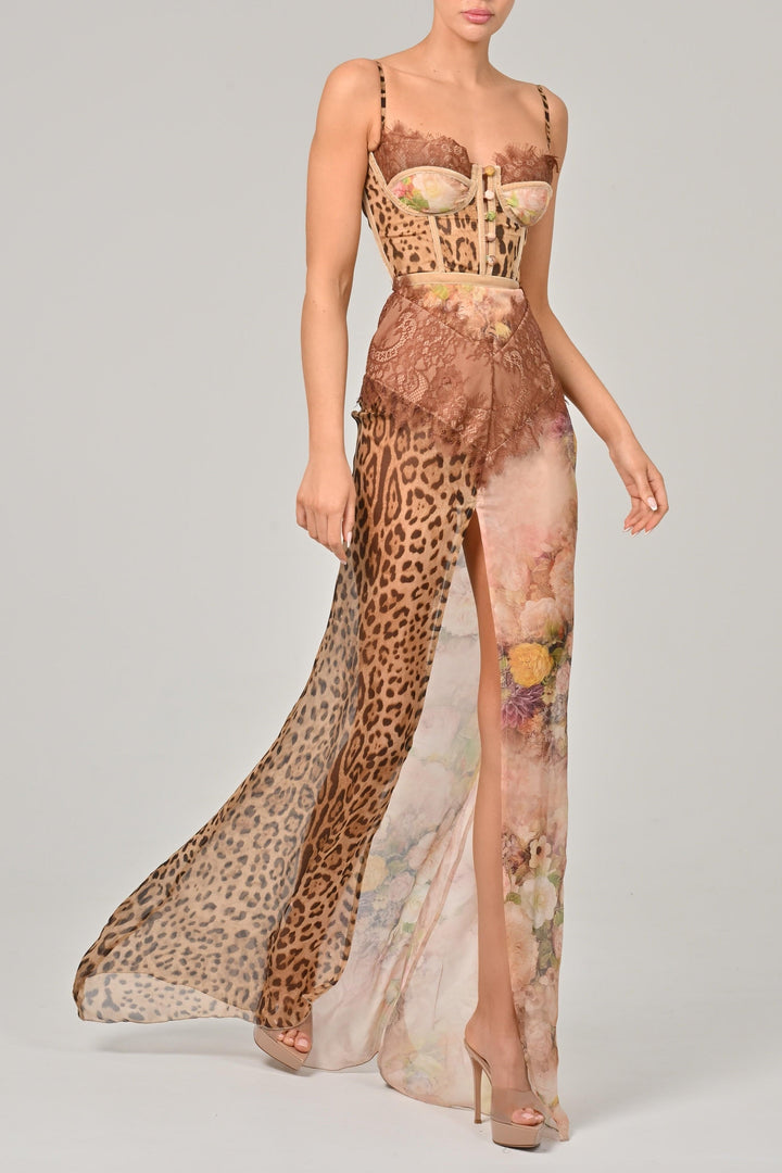 Soraya | Lace-Trim Leopard Print Side Slit Maxi Dress
