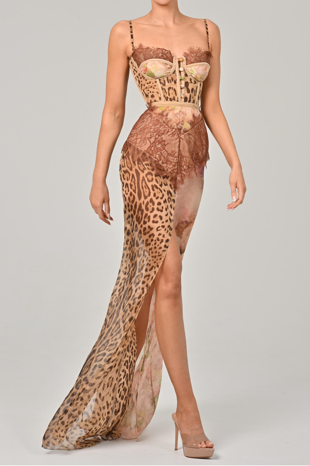 Soraya | Lace-Trim Leopard Print Side Slit Maxi Dress