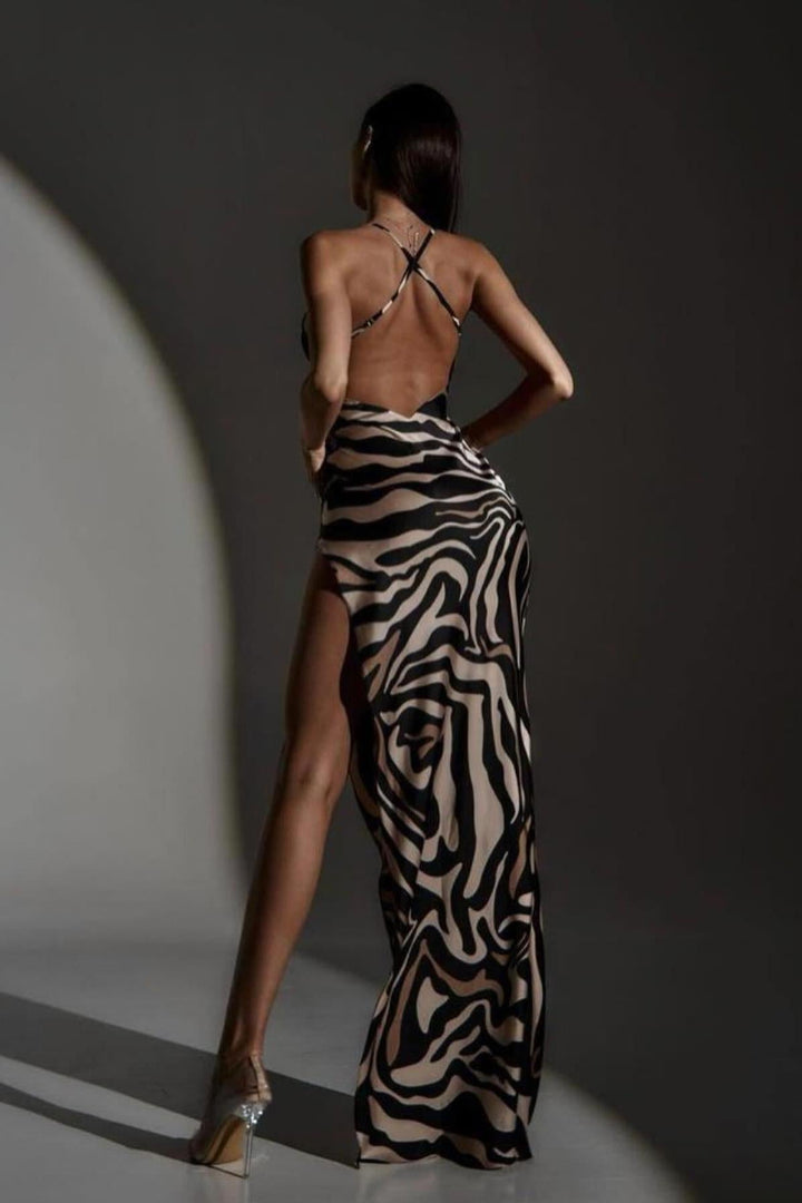 Zarina | Zebra Lace Splicing Side-Slit Maxi Dress