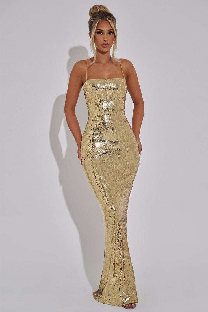 Lila | Sequin Lace-Up Backless Slip Maxi Dress