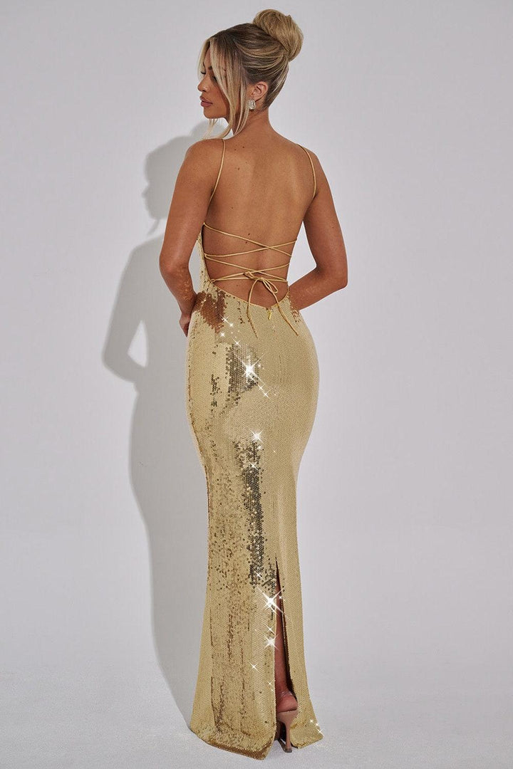 Lila | Sequin Lace-Up Backless Slip Maxi Dress