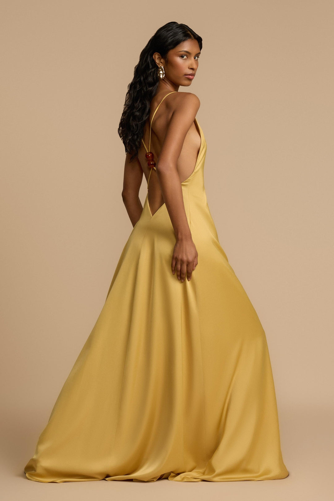 Aurelia | Backless Beaded V-Neck Satin Maxi Dress