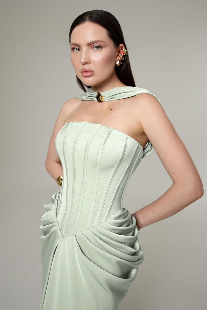 Celeste | Satin Pleated Lace-Up Maxi Dress