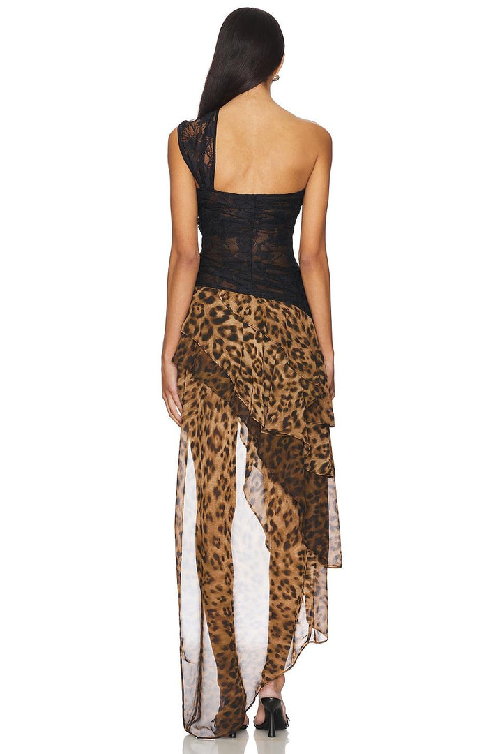 Odette | Lace Splicing Leopard Print Asymmetric Midi Dress