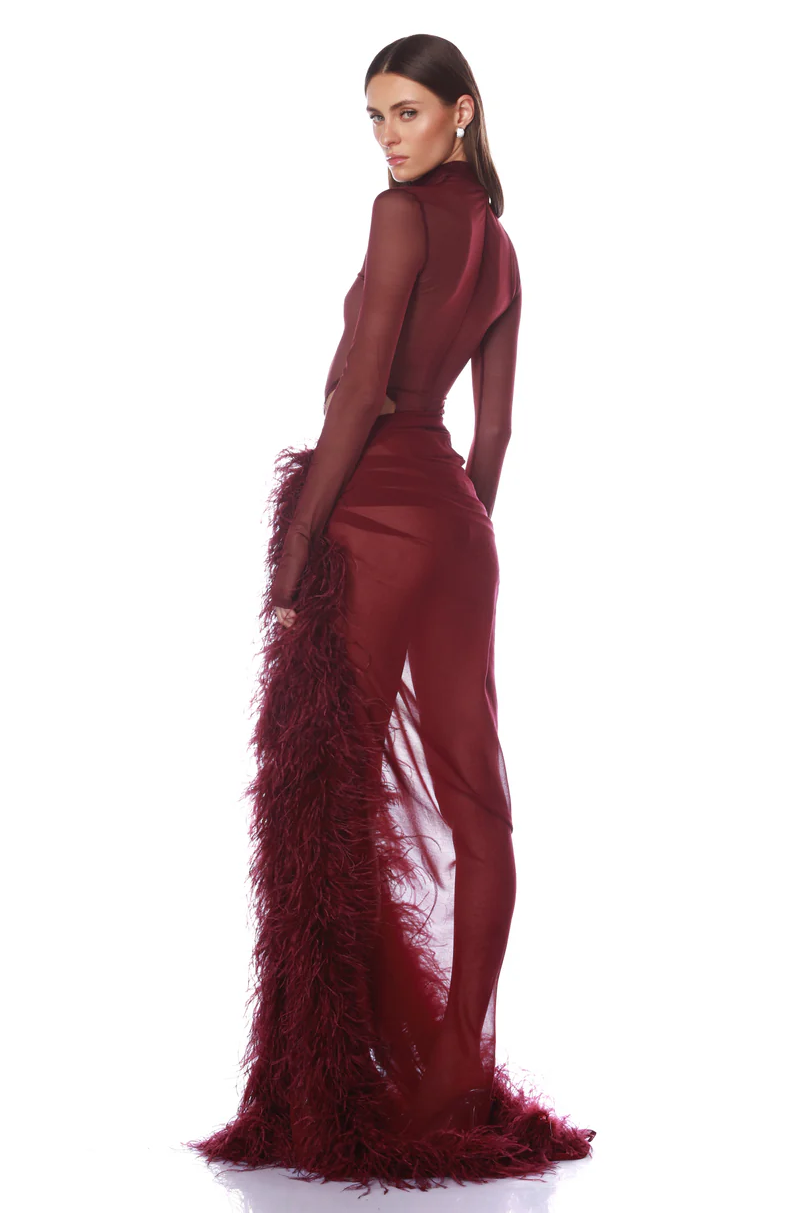 Velene | Long Sleeve Mesh &amp; Feather Slit Maxi Set
