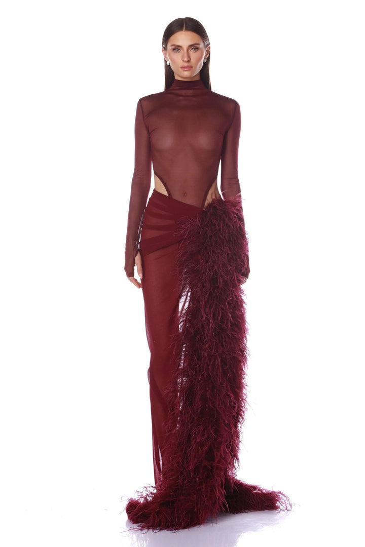 Velene | Long Sleeve Mesh &amp; Feather Slit Maxi Set
