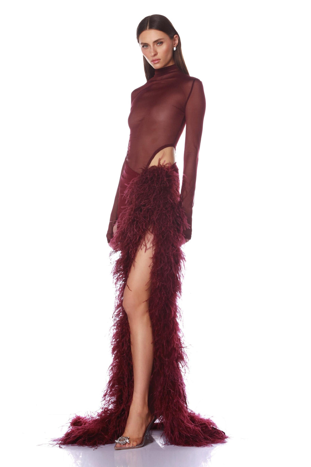 Velene | Long Sleeve Mesh &amp; Feather Slit Maxi Set
