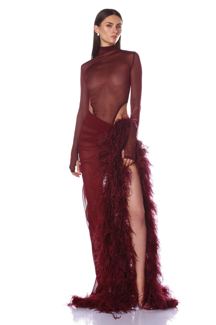 Velene | Long Sleeve Mesh &amp; Feather Slit Maxi Set
