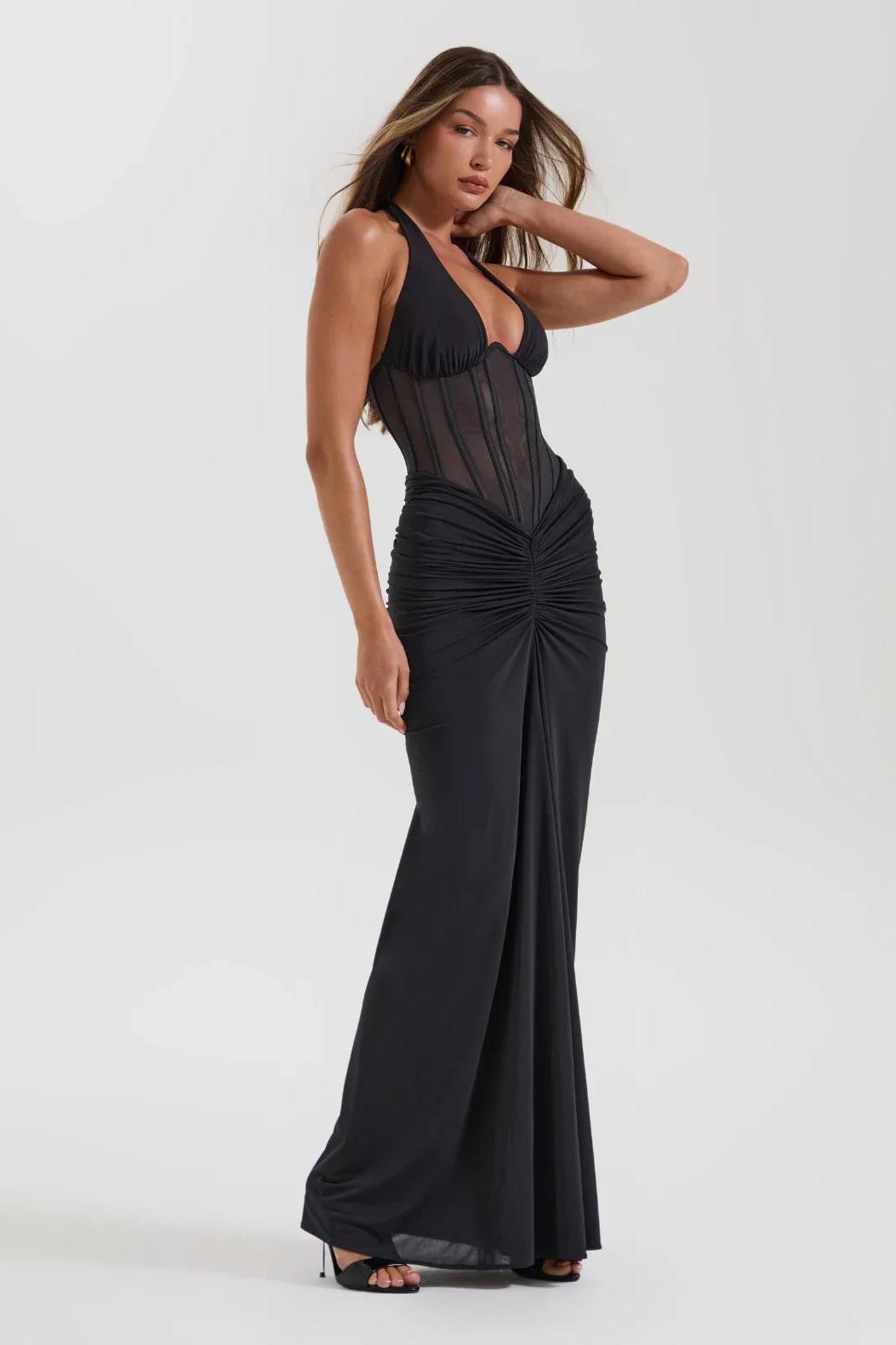 Reva | Halter Neck Ruched Corset Maxi Dress