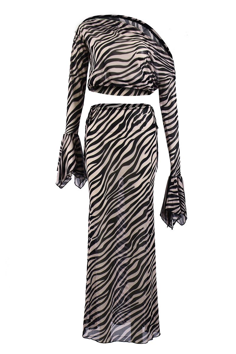 Zivara | Zebra Print Bell Sleeve Mesh Top &amp; Maxi Skirt Set