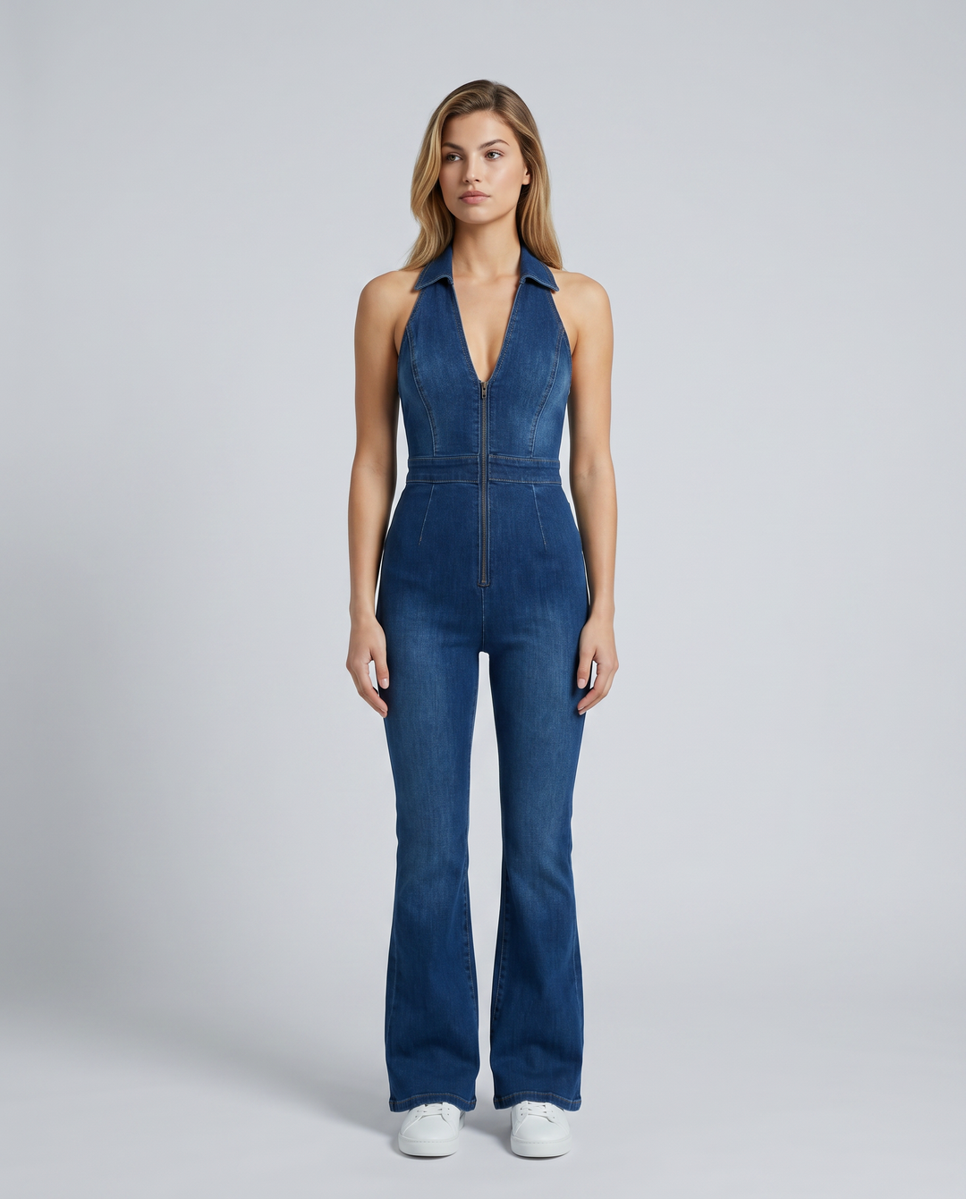 Madeline | Flare Leg Zip-Front Denim Jumpsuit