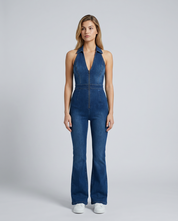 Madeline | Flare Leg Zip-Front Denim Jumpsuit