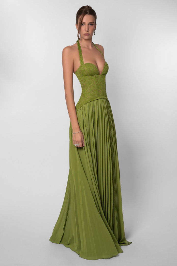 Ottilie | Sweetheart Lace Chiffon Pleated Maxi Dress