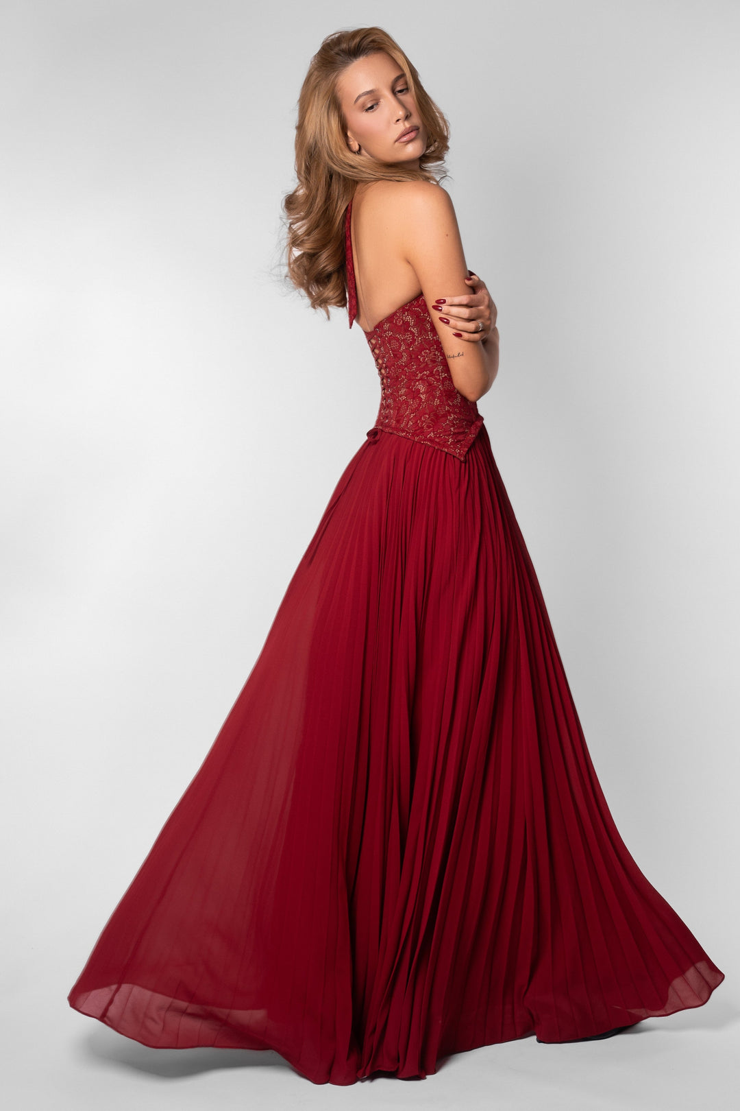 Ottilie | Sweetheart Lace Chiffon Pleated Maxi Dress