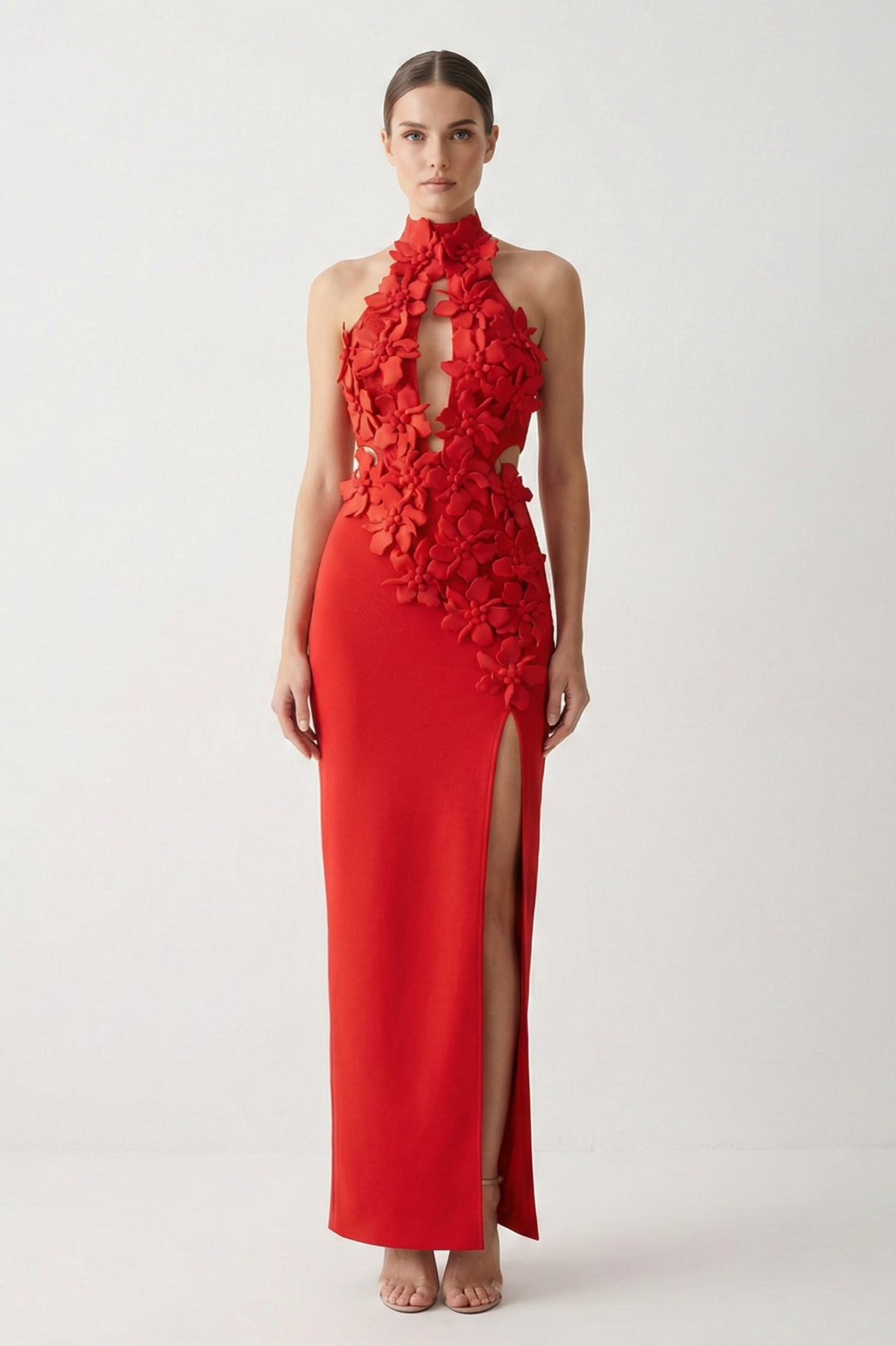 Kira | 3D Floral Halter Neck Bandage Maxi Dress