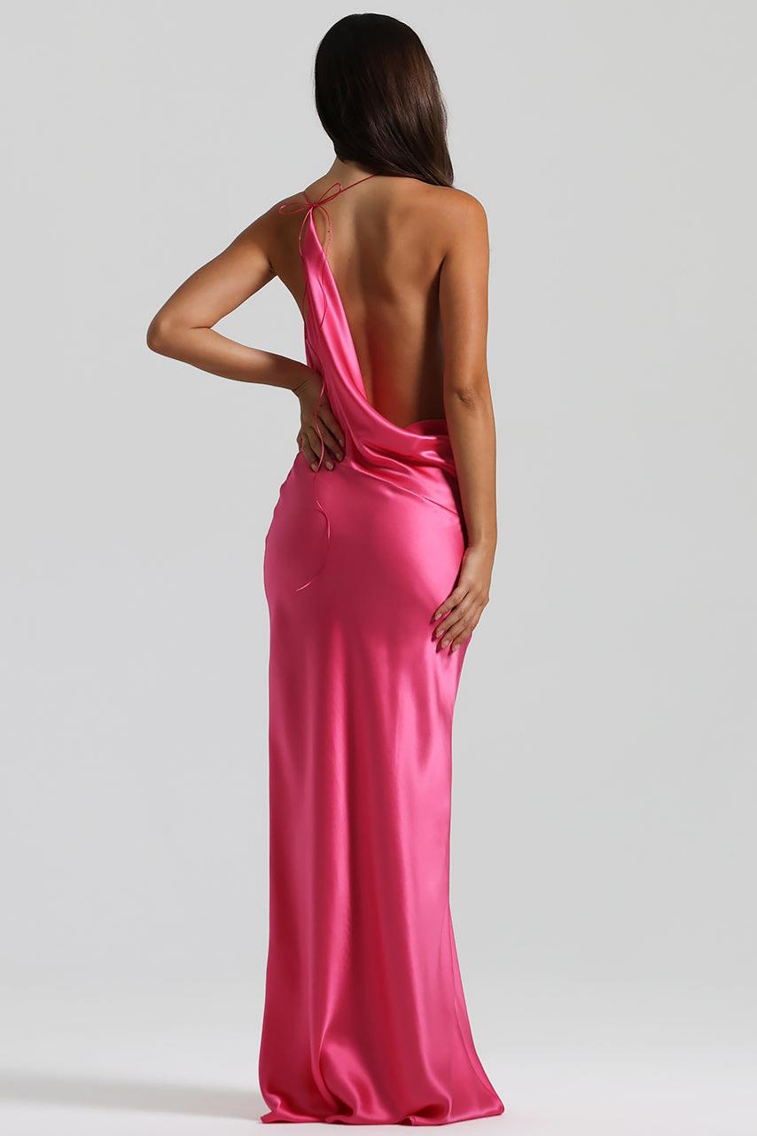 Rosine | Satin-Look Tie-Up Collar Maxi Dress