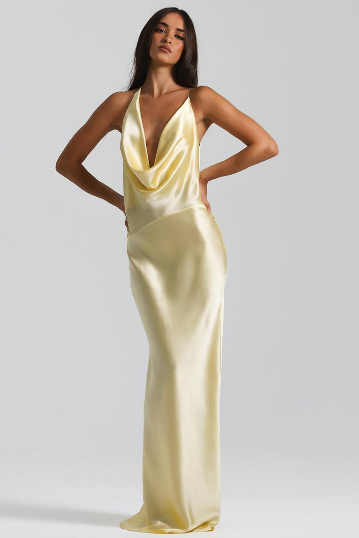 Rosine | Satin-Look Tie-Up Collar Maxi Dress