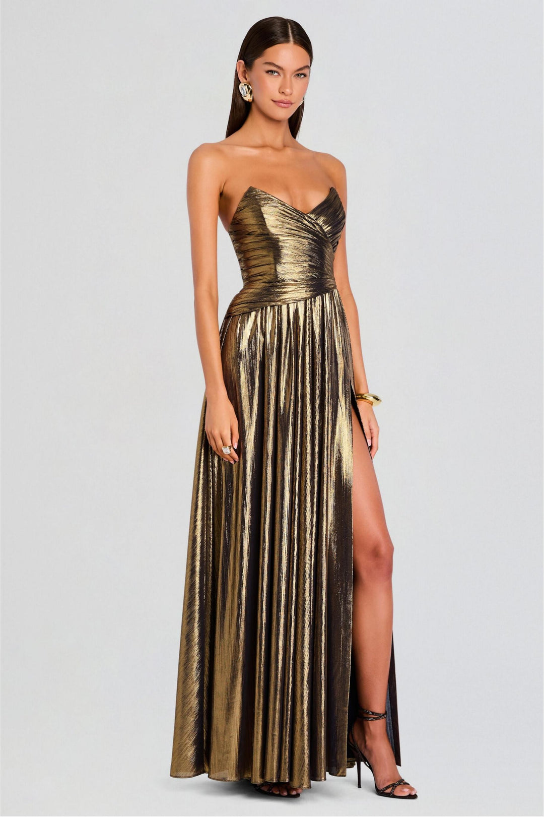 Lysara | Off-Shoulder Slit Metallic Maxi Dress