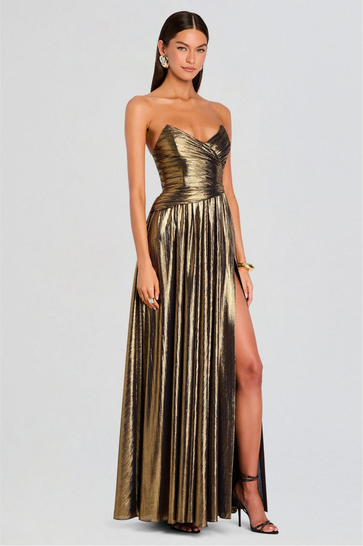 Lysara | Off-Shoulder Slit Metallic Maxi Dress