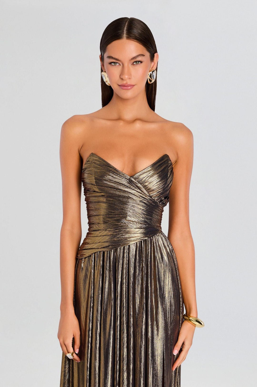 Lysara | Off-Shoulder Slit Metallic Maxi Dress