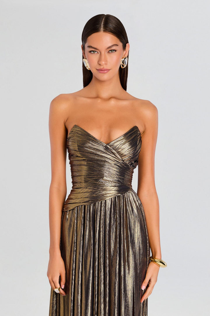 Lysara | Off-Shoulder Slit Metallic Maxi Dress
