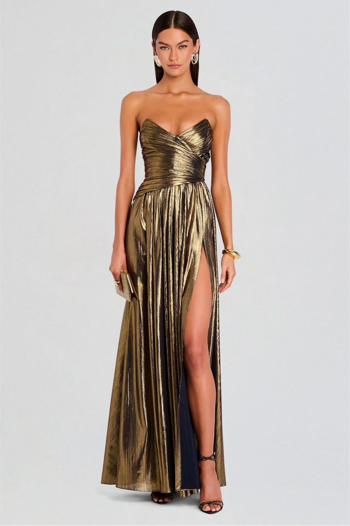 Lysara | Off-Shoulder Slit Metallic Maxi Dress