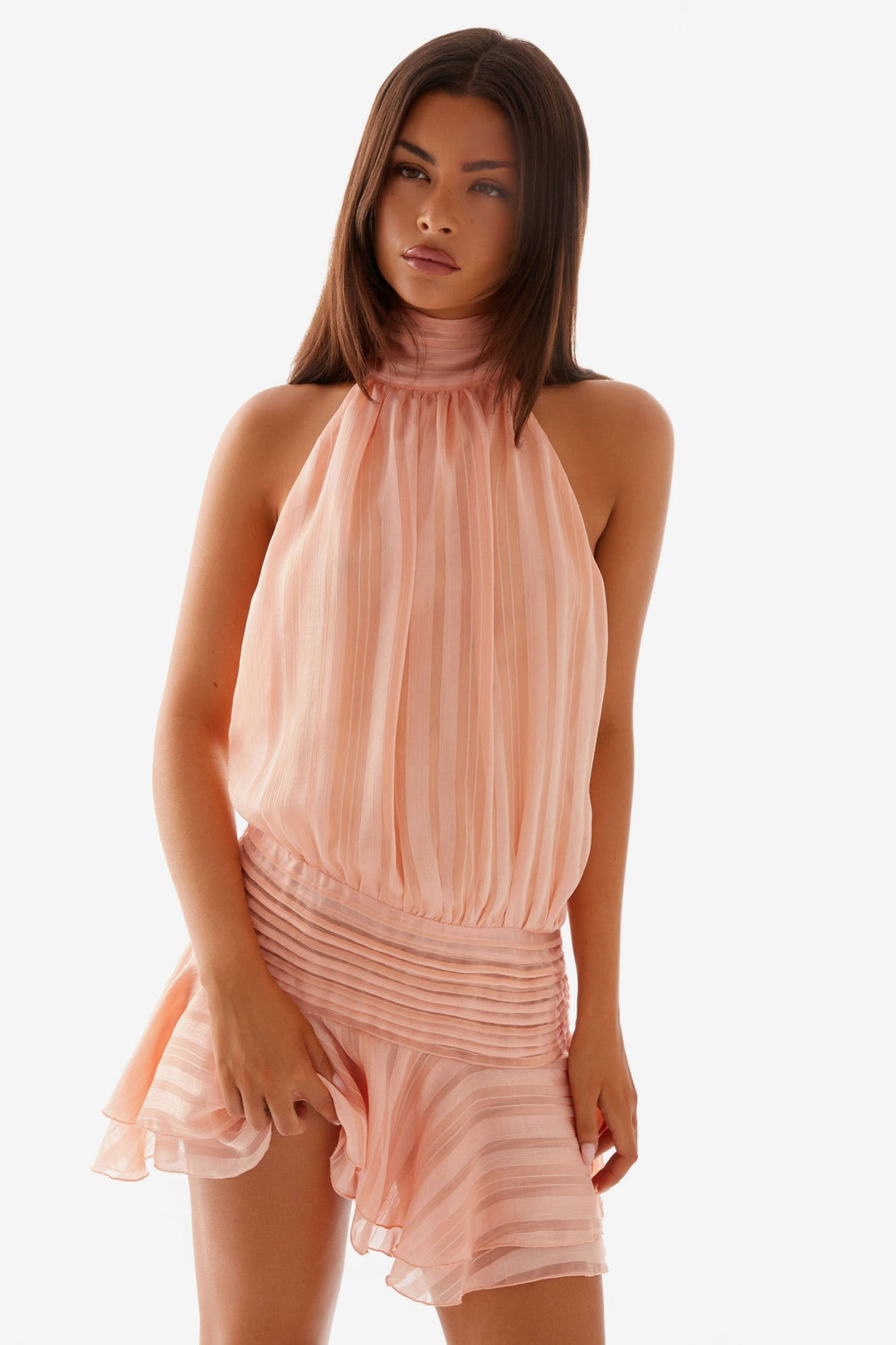 Elin | Chiffon Pleated Halter Neck Mini Dress