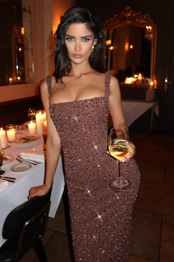 Sabine | Sequin Tie-Up Square Neck Maxi Dress