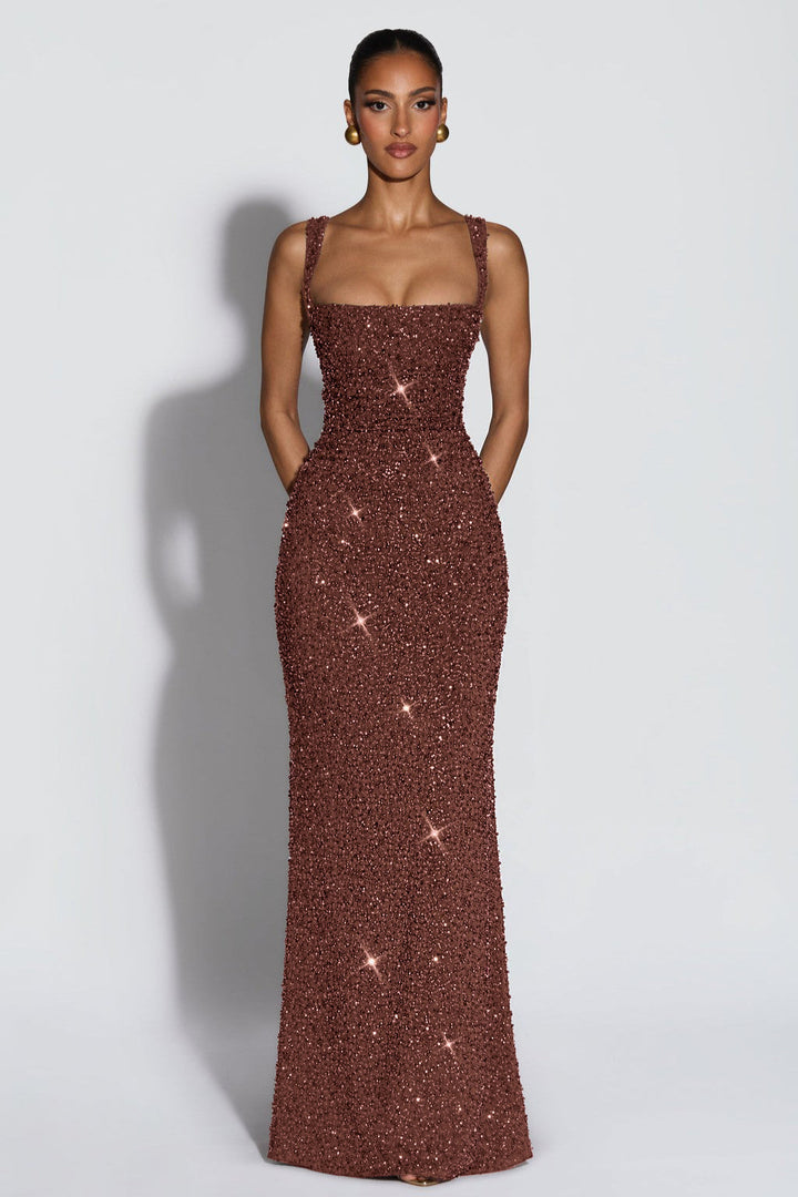 Sabine | Sequin Tie-Up Square Neck Maxi Dress