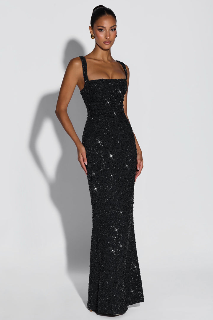 Cleo | Sequin Tie-Up Square Neck Maxi Dress