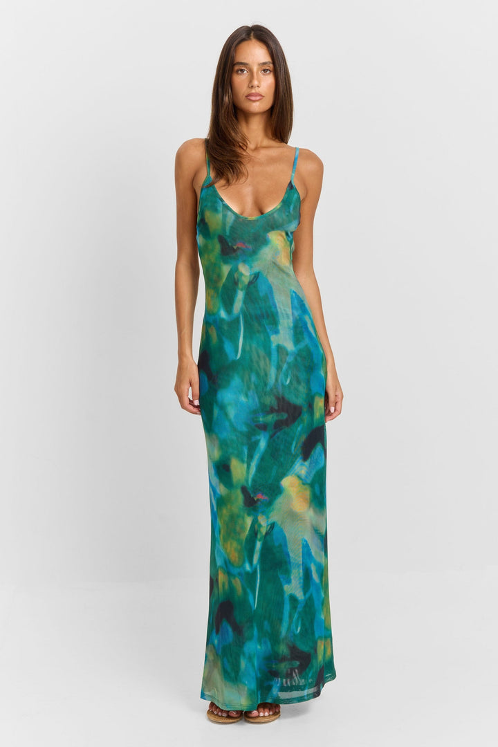 Imogen | Sleeveless Abstract Print Mesh Maxi Dress