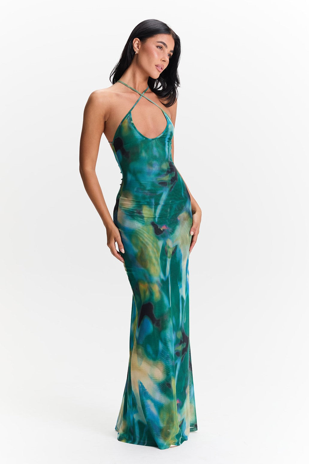 Imogen | Sleeveless Abstract Print Mesh Maxi Dress
