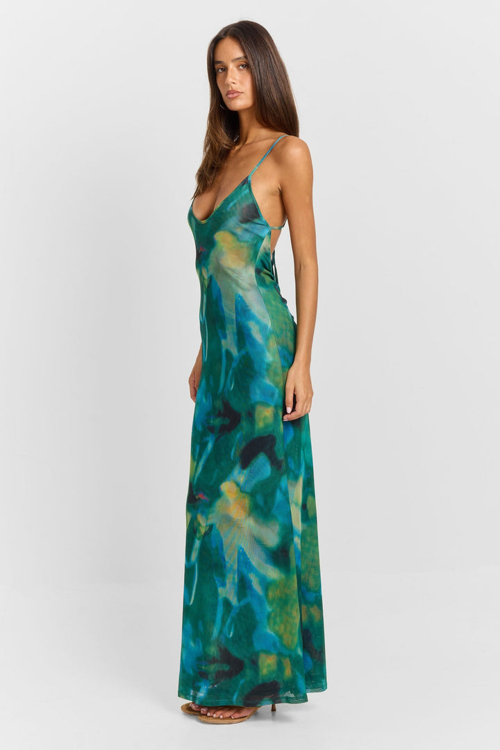 Imogen | Sleeveless Abstract Print Mesh Maxi Dress