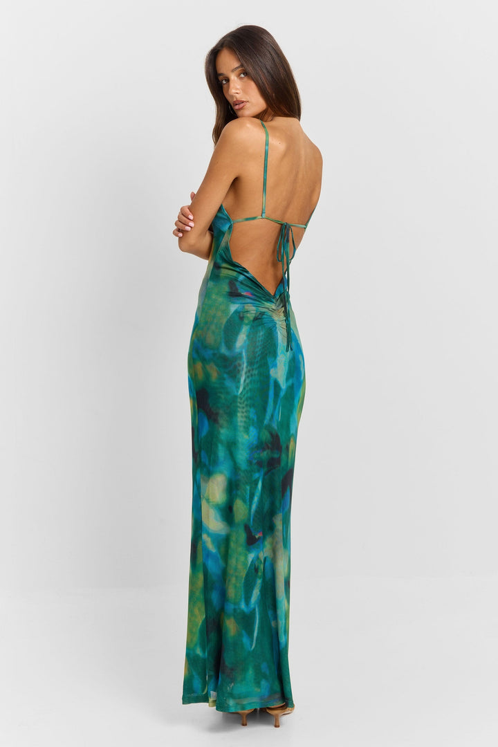 Imogen | Sleeveless Abstract Print Mesh Maxi Dress