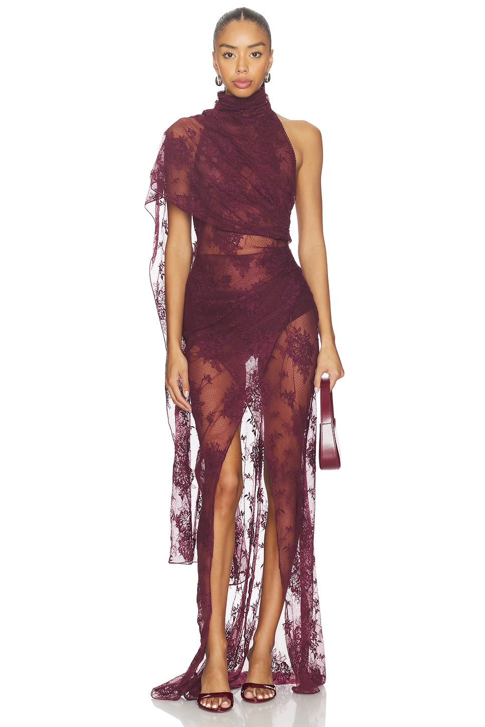 Amara | Lace See-Through Asymmetric Sleeve Maxi Dress