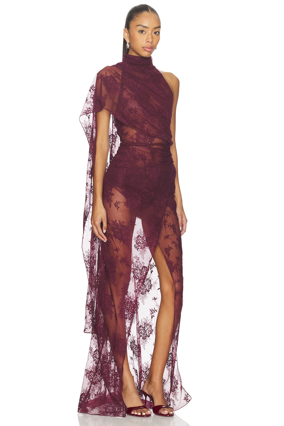 Amara | Lace See-Through Asymmetric Sleeve Maxi Dress
